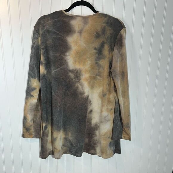 Open Front Tie Dyed Cardigan With Cream Trim Women Medium Brown Classic Workwear - Picture 8 of 10